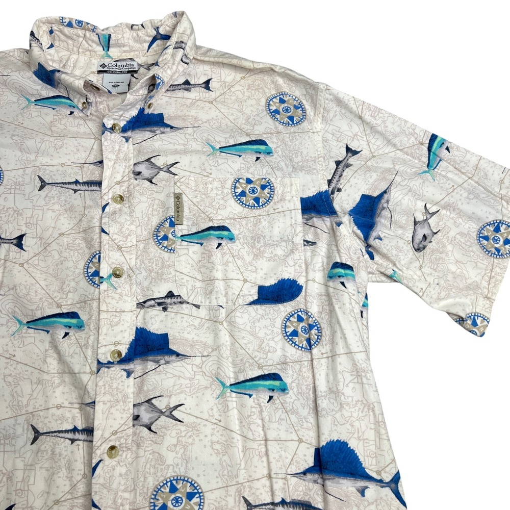 Columbia Mens XXL Fish Print Button Down Shirt Nautical Marlin Mahi Mahi FM7058